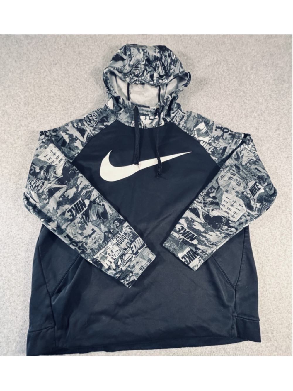 Nike Hoodie Mens XL Black Gray Dri-FIT Fleece Pullover Swoosh Graphic Sweatshirt